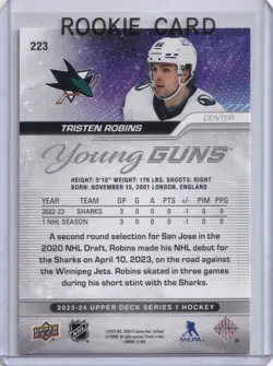 2023-24 Upper Deck Series 1 Tristen Robins Young Guns RC #223 San Jose Sharks - Image 2
