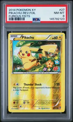 2014 POKEMON XY FURIOUS FISTS #27 PIKACHU-REVERSE FOIL PSA 8 - Image 1