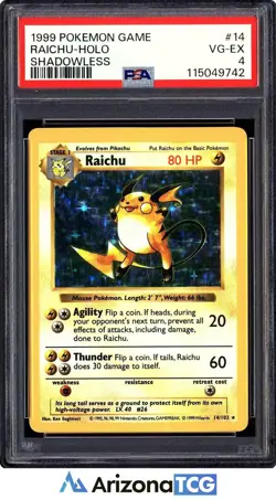 Pokemon 1999 Raichu 14/102 Holo Shadowless Base Set PSA 4 - Image 1
