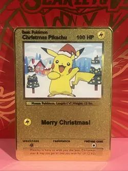 Christmas Pikachu Gold Metal Pokemon Inspired Card-Collectible Gift - Image 1