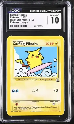 CGC 10 GEM MINT Surfing Pikachu 28 Pokemon League Black Star Promos Pokemon Card - Image 1