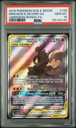 2019 POKEMON SUN & MOON UNBROKEN BONDS FULL ART/MARSHADOW & MACHAMP GX PSA 10 - Image 1