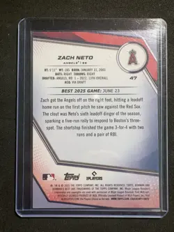 ZACH NETO 2025 BOWMAN'S BEST ORANGE REFRACTOR ANGELS /25 Q5547 - Image 2
