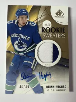 2019-20 SP Game Used Quinn Hughes Auto Patch Rookie Sweaters /49 Canucks - Image 1