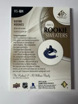 2019-20 SP Game Used Quinn Hughes Auto Patch Rookie Sweaters /49 Canucks - Image 2
