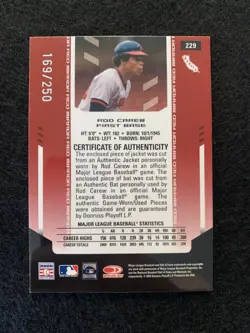 2004 Leaf Certified Materials Rod Carew #/250 Mirror Red Dual Relic SP Angels - Image 2