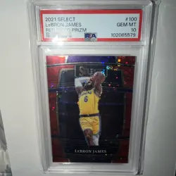 2021-22 Panini Select #100 LeBron James Red Disco Prizm 7/49 POP 10 PSA 10 - Image 1