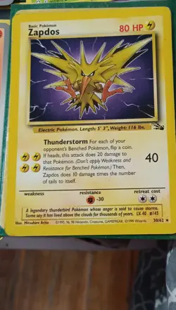 Pokemon Fossil 30/62 Zapdos Regular Rare 80HP Thunderstorm Card - Image 1