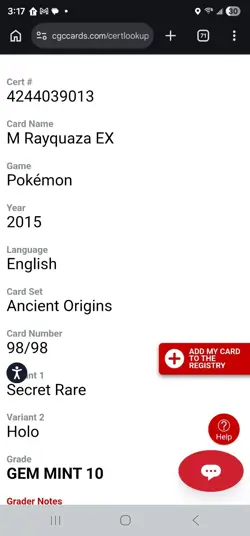 M Rayquaza EX Full Art Secret Rare Holo CGC 10 XY Ancient Origins 98/98 Pokemon - Image 3