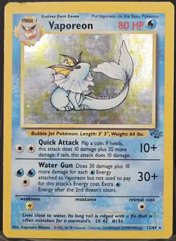 Pokemon Vaporeon 80 HP Holo Rare Jungle 12/64 Wizards Card 1999 - Image 1