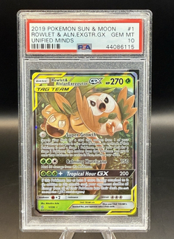 2019 Pokemon Unified Minds Rowlet & Alolan Exeggutor GX 1/236 PSA 10 - Image 1