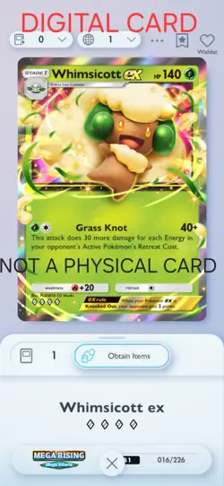 Whimsicott EX Pokemon Pocket Mobile Game Mega Rising Set ◇◇◇◇Rare Card For Trade - Image 1