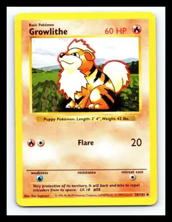 💥 Growlithe 28/102 Base Set Shadowless Pokemon 1999 WOTC TCG Vintage Card Rare - Image 1