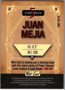2024 Wild Card 5 Card Draw 1/1 Auto Parallel Juan Mejia 5CDV-JMA Autograph - Image 2