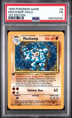PSA 1 Machamp 1st Edition Base Set Holo Foil Rare #8 1999 Pokemon WoTC PR - Image 1