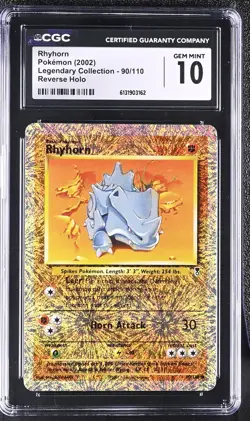 CGC 10 GEM MINT Rhyhorn 90/110 Legendary (collection) Reverse Holo Pokemon Card - Image 1