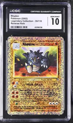 CGC 10 GEM MINT Rhydon 35/110 Legendary (collection) Reverse Holo Pokemon Card - Image 1