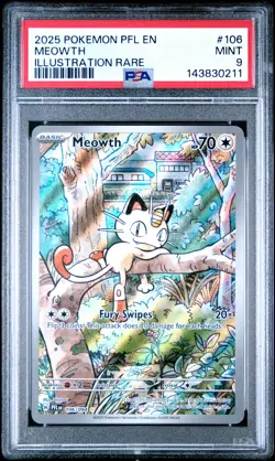 2025 Pokemon Pfl En-Phantasmal Flames #106 Meowth Illustration Rare PSA 9 - Image 1