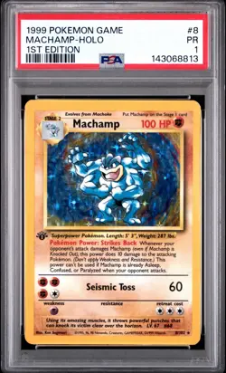 PSA 1 Machamp 1st Edition Base Set Holo Foil Rare #8 1999 Pokemon WoTC PR - Image 1
