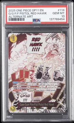 2025 ONE PIECE OP11-ALT ART #114 GUM-GUM FIRE-FIST PISTOL RED HAWK PSA 10 - Image 1