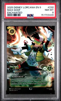 2025 DISNEY LORCANA EN 9-FABLED ENCHANTED #230 MAX GOOF CHART TOPPER PSA 8 - Image 1