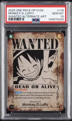 2025 ONE PIECE CARRYING ON HIS WILL WANTED ALT ART #118 MONKEY D. LUFFY PSA 10 - Image 1