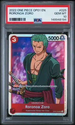 2022 ONE PIECE OP01-ROMANCE DAWN #025 RORONOA ZORO PSA 10 - Image 1