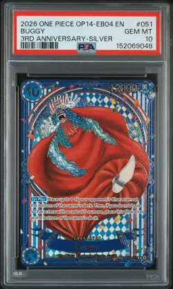 2026 ONE PIECE OP14-EB04-THE AZURE SEA'S SEVEN 3RD ANV SILVER #051 BUGGY PSA 10 - Image 1