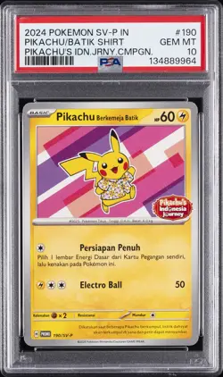 2024 POKEMON INDONESIAN SV-P PROMO #190 PIKACHU IN BATIK SHIRT PSA 10 - Image 1