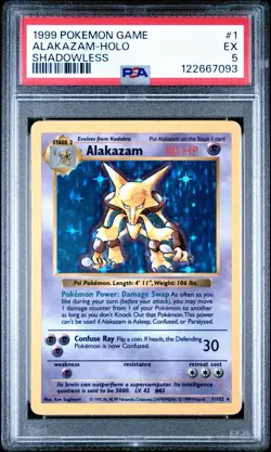 ALAKAZAM 1/102 PSA 5 1999 BASE SET SHADOWLESS POKEMON CARD HOLO ENGLISH - Image 1