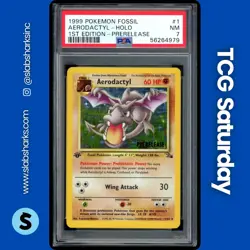 1999 POKEMON FOSSIL 1ST EDITION PRERELEASE #1/62 AERODACTYL HOLO RARE PSA 7 - Image 1