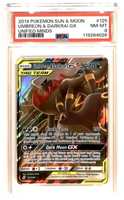 2019 Pokemon Sun & Moon Unified Minds Umbreon Darkrai GX #125 PSA 8 ES6 - Image 1