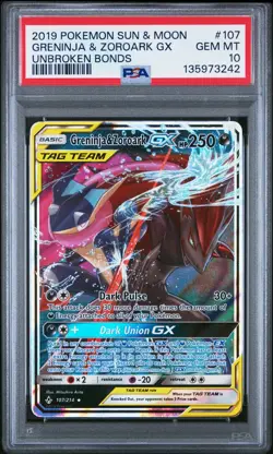 2019 Pokemon Sun & Moon Unbroken Bonds Greninja & Zoroark GX #107 PSA 10 ES6 - Image 1