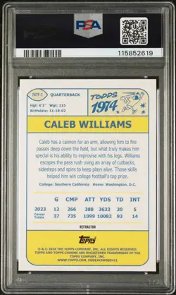 2024 Topps Chrome 1974 Topps Football Caleb Williams #74TF1 Ref PSA 10 - Image 2