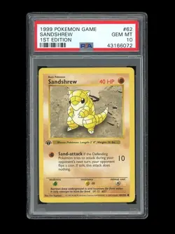 Pokemon PSA 10 GEM MINT Sandshrew 1st Edition Base Set Shadowless 1999 Card #62 - Image 1