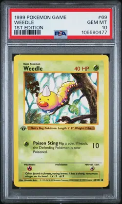 1999 POKEMON BASE SET 1ST EDITION #69 WEEDLE PSA 10 - Image 1