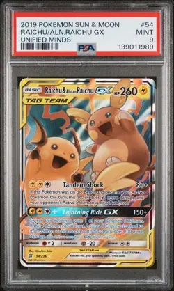 PSA 9 RAICHU & ALOLAN RAICHU GX 54 UNIFIED MINDS SUN & MOON TAG TEAM POKEMON - Image 1