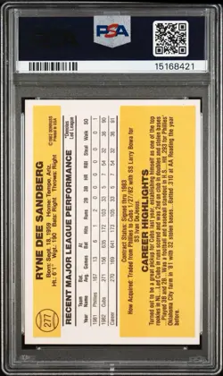 1983 Donruss #277 Ryne Sandberg Rookie RC Chicago Cubs PSA 10 Gem Mint - Image 2