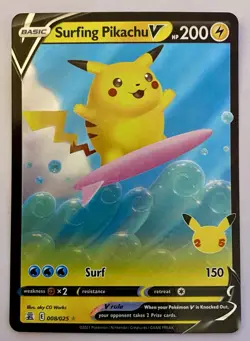 Pokemon TCG Surfing Pikachu V Celebrations 008/025 Holo Ultra Rare Pokemon Card - Image 1