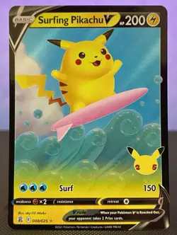 Pokemon TCG Surfing Pikachu V Celebrations 008/025 Holo Ultra Rare Pokemon Card - Image 1