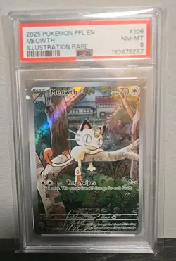 2025 POKEMON PFL EN-PHANTASMAL FLAMES ILLUSTRATION RARE #106 MEOWTH PSA 8 - Image 1