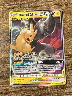 Pokemon Pikachu & Zekrom GX TCG Sun Moon Team Up Holo Ultra Rare Card 33/181 LP - Image 1