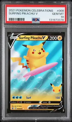 2021 POKEMON CELEBRATIONS #008 SURFING PIKACHU V PSA 10 - Image 1