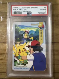 1998 Pokemon Japanese Bandai Carddass Vending Ash & Pikachu 5 PSA 8 NM-MT - Image 1