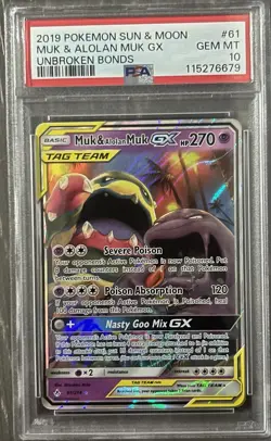 2019 POKEMON SUN & MOON #61 MUK & ALOLAN MUK GX TAG TEAM UNBROKEN KEN PSA 10 - Image 1