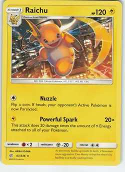 Raichu 67/236 Rare Holo SM - Cosmic Eclipse LP Pokemon - Image 1