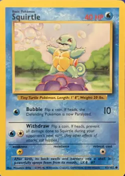 SQUIRTLE - Base Set - 63/102 - Common - Pokemon Card - Unlimited Edition - NM - Image 1