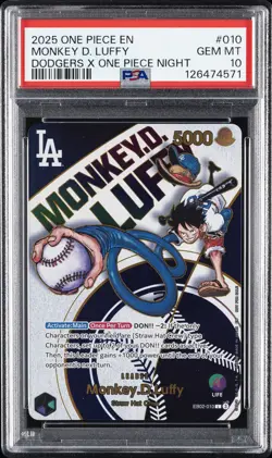 2025 ONE PIECE PROMOS DODGERS X ONE PIECE NIGHT #010 MONKEY D. LUFFY PSA 10 - Image 1