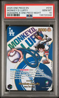 2025 ONE PIECE PROMOS DODGERS X ONE PIECE NIGHT #010 MONKEY D. LUFFY PSA 10 - Image 1