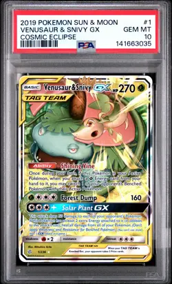 2019 POKEMON SUN & MOON COSMIC ECLIPSE #1 VENUSAUR & SNIVY GX PSA 10 - Image 1